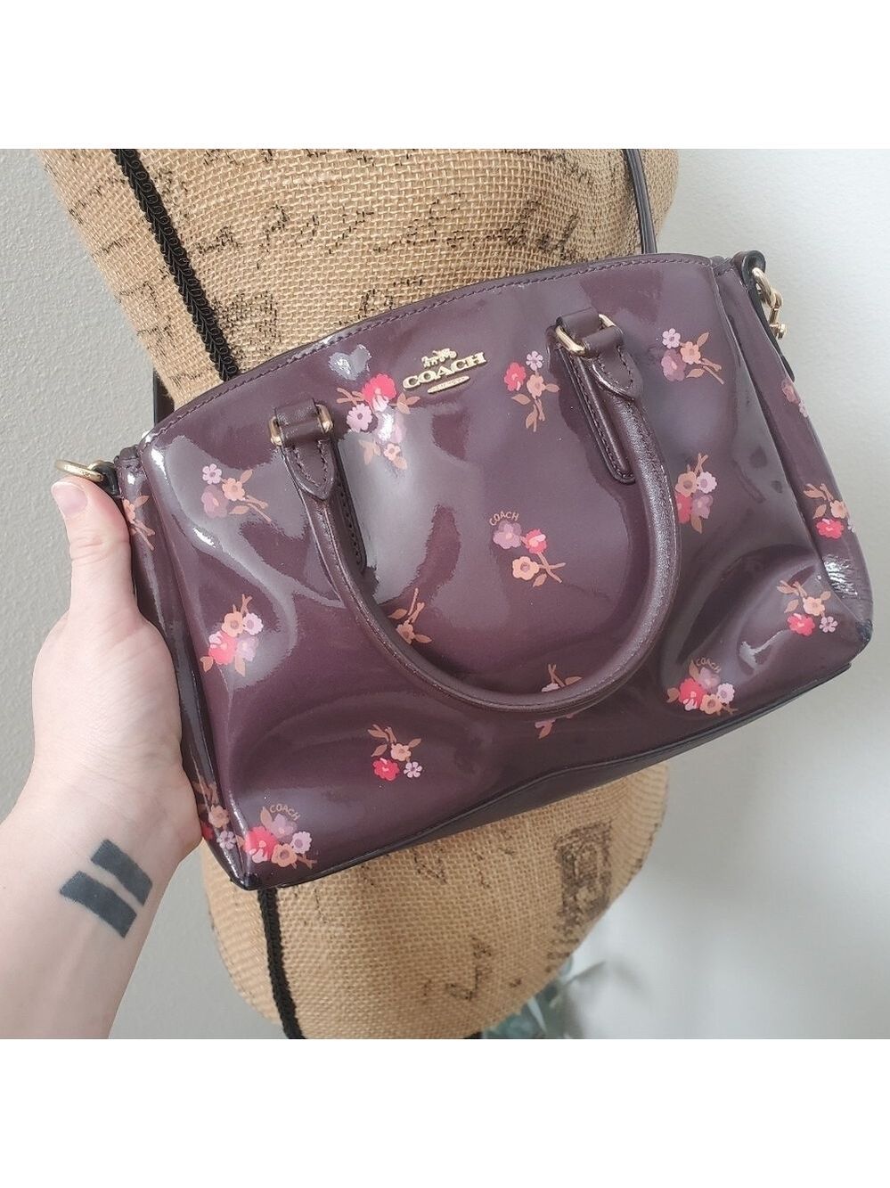 COACH Sage Carryall Oxblood Maroon Bouquet Print Small Handbag Purse - Picture 8 of 15